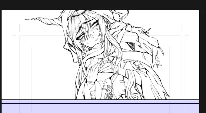 久々に描くものにしては中々カロリーが高いくて息切れ中。髪の流れと布の流れの苦手コンボ、ほんと止めて頂きたい。とりあえずシャイニングはここまでで、横のお飾りのナイチンと二アールさんペン入れしたら、お楽しみの黒ベタ・タイム。 