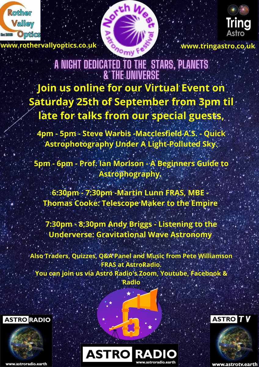 The North West Astronomy Festival returns for 2021 today, online. With music from 15:00 BST via a link-up with @AstroRadioEarth &amp; talks from 16:00 BST throughout the evening.
More info at: nwastrofest.co.uk

#Astrophotography #GravitionalWaves #astronomy #science