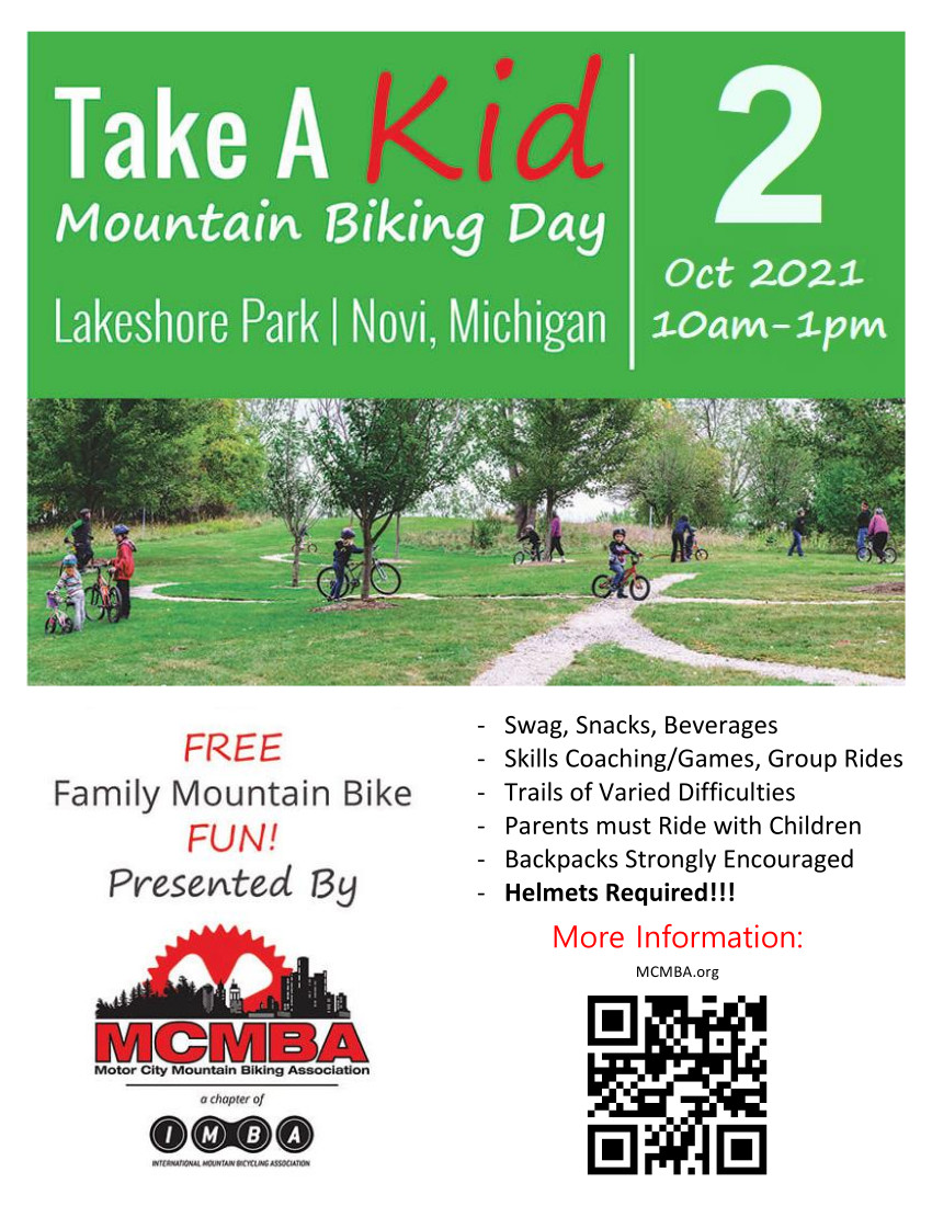 Join MCMBA at Lakeshore Park in Novi (Tree Farm) this year to celebrate with FREE snacks, water, basic skills games, group rides for differing skill levels.

*** Everyone must wear a helmet to participate. ***

Open House format, so families can safely &amp; comfortably distance