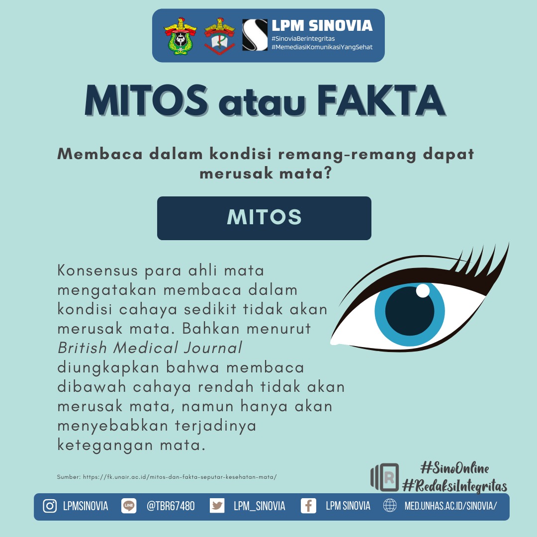 [SINO ONLINE] 
Mitos atau Fakta

Membaca dalam kondisi remang-remang dapat merusak mata?

LPM SINOVIA
Memediasi Komunikasi Yang Sehat