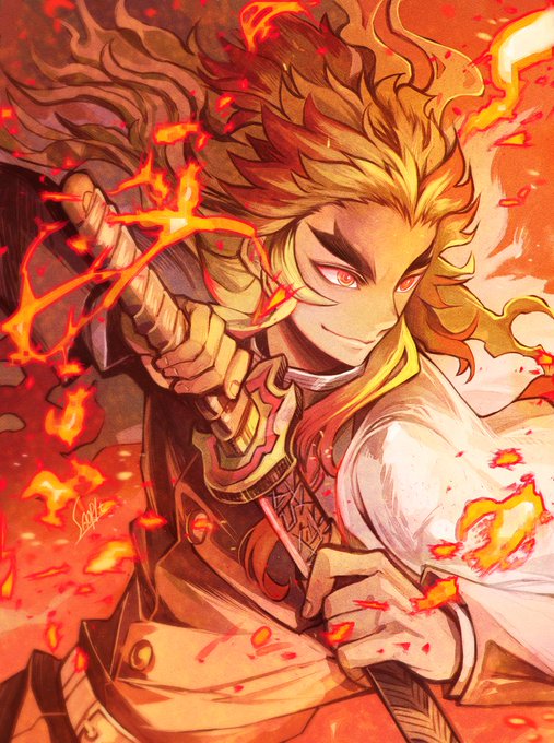 とよた瑣織さんがTwitterに投稿した煉獄杏寿郎(鬼滅の刃)のイラスト。