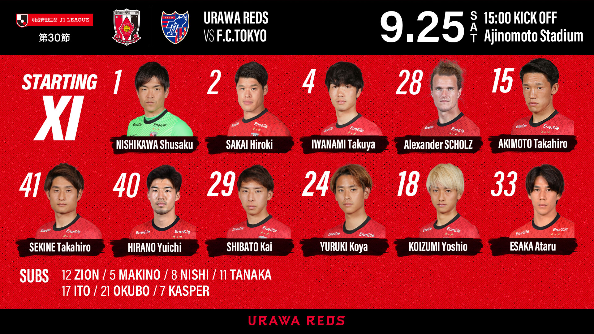 浦和レッズオフィシャル Fc東京戦スターティングメンバー Gk 西川 Df 酒井 岩波 ショルツ 明本 Mf 関根 平野 柴戸 汰木 Fw 小泉 江坂 Sub 彩艶 槙野 西 田中 伊藤 大久保 キャスパー Urawareds 浦和レッズ Wearereds Jリーグ サッカー