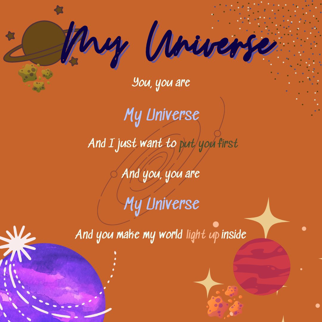 tuoiToom's tweet photo. #WBBSept #WordsByBangtan
@wordsby_bangtan

"And they said that we can’t be together
Because, because we come from different sides

You, you are
My universe
And I just want to put you first
And you, you are
My universe
And you make my world light up inside"
-My Universe- https://t.co/TDSlF7oo4s