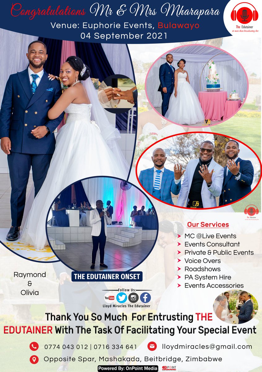 LloydMungoni's tweet photo. Resuming with a bang from Lockdown!! Bulawayo lets do it again!! The Edutainer OnSet🎙
Bookings in progress """"----- MC anopedza masports!!
Congratulations Mr and Mrs Mharapara.
#MC #Edutainer #OnPointMedia #events #pasystem https://t.co/fLVTmBxF78