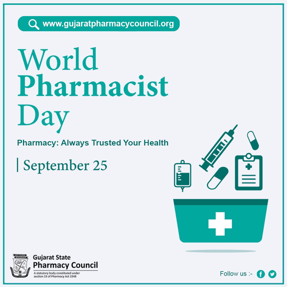 GSPC_Gujarat's tweet photo. We know we are always safe because we have a responsible pharmacist always at your services…. Best wishes to you on World Pharmacist Day.
#pharmacist #WorldPharmacistsDay #gujaratstatepharmacycouncil https://t.co/JYDnLHlRip