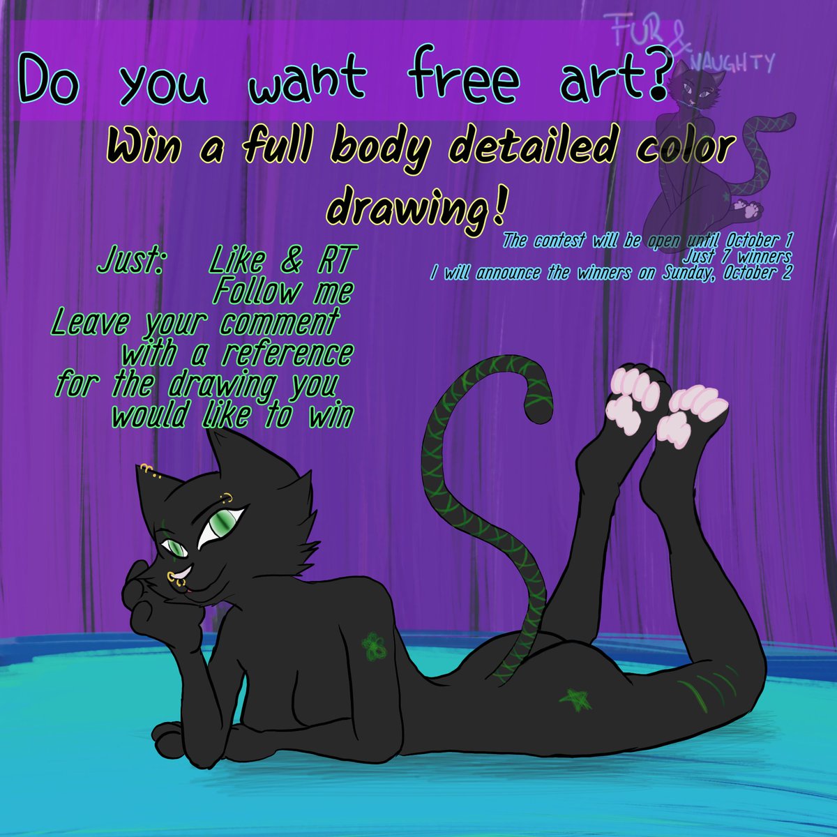 Fur_Naughty's tweet photo. Do you want free art? 😊
To participate: 
✅Like &amp; RT
✅Follow me
✅Leave your coment with a reference for the drawing you would like to win

The contest will be open until October 1
⭐ Just 7 winners ⭐
I will announce the winners on Sunday, October 2 😽
#FurAndNaughty https://t.co/Ax2tVX2evK