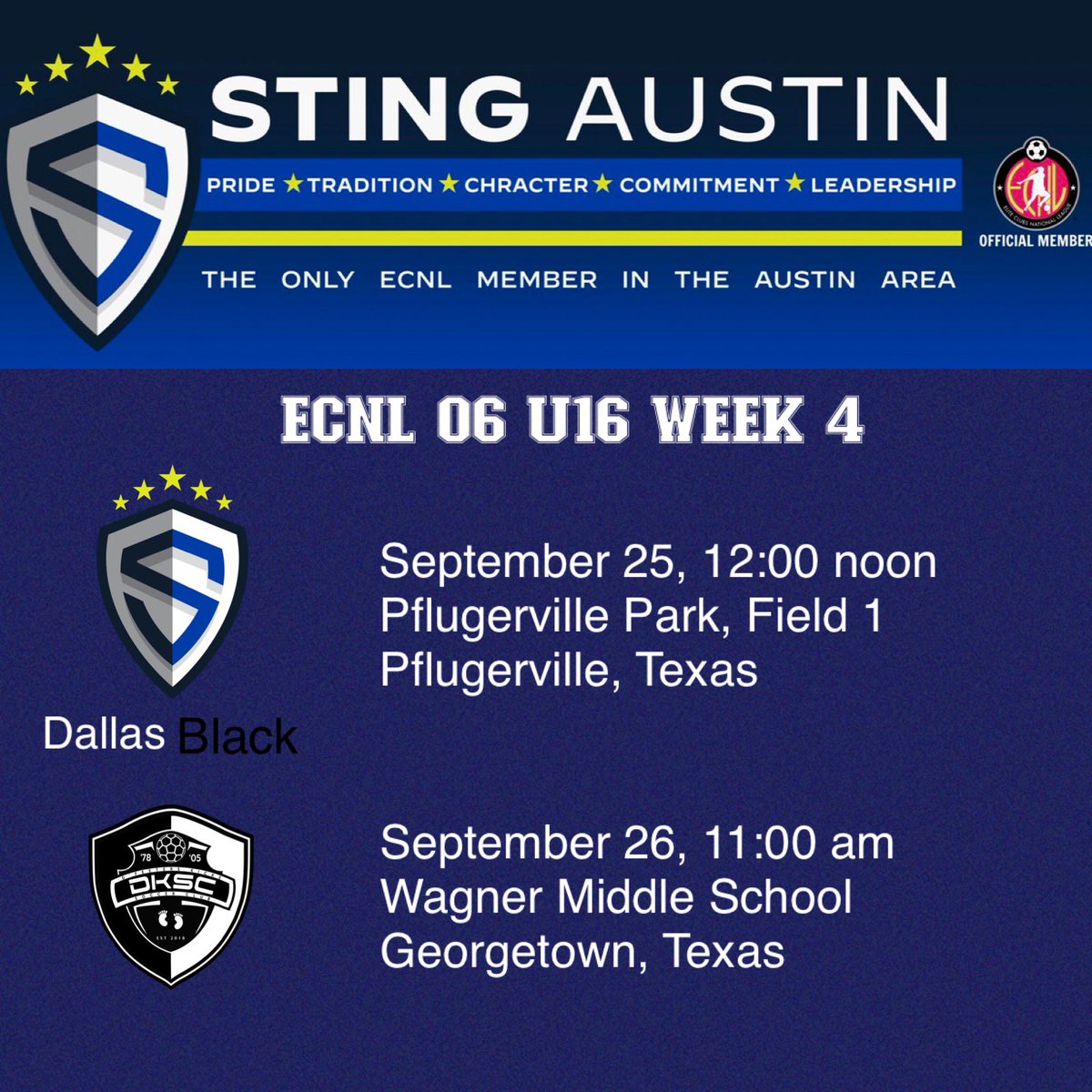 stingaustin06's tweet photo. Another home fixture this weekend, as we take on @StingECNL06 and @dkscECNL06. Come out to support the ECNL in Austin! #THEECNLinATX @sting_austin https://t.co/ZSaCiOOW6W