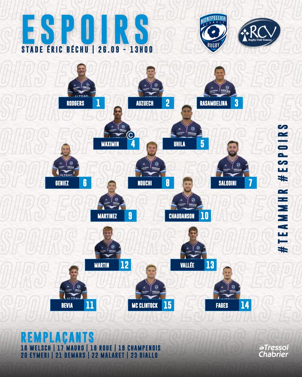 📋 En attendant le coup d’envoi de #SPMHR à 15H00, découvrez la compo de nos Espoirs qui reçoivent le <a href="/RugbyClubVannes/">Rugby Club Vannes</a> demain à 13H00 sur le stade Éric Béchu ! 

#TEAMMHR