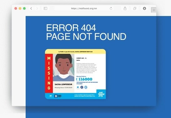 Verander de 404-foutmeldingen van je site in een sociaal hulpmiddel voor het goede doel. Laat zien dat je om vermiste kinderen geeft &amp; help ons om ze terug te vinden door de NotFound app te downloaden op je site: notfound.org/nl-BE #notfoundday