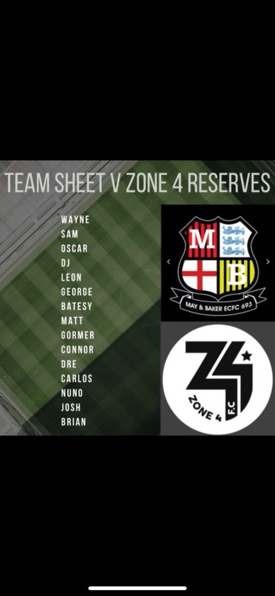 Squad list confirmed for Sundays Cup game as we welcome <a href="/Zone_4_FC/">@Zone 4 FC</a> reserves to May &amp; Baker

#Bakers 🔴⚫🔴⚫