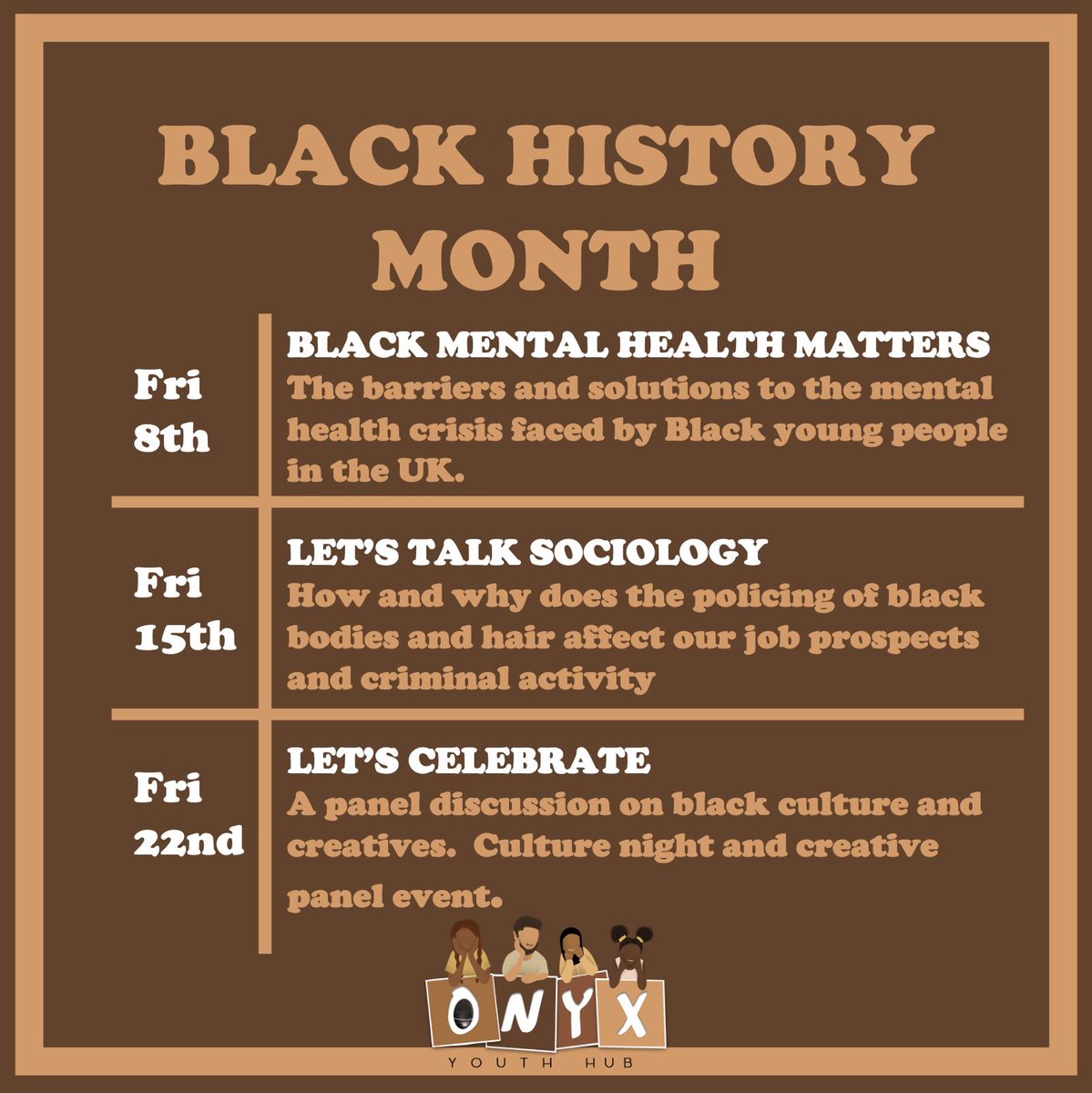 We are excited to announce the return of our Black History Month events! After the overwhelmingly positive outcome from last year’s series of events, we are back! Make sure to sign up using our Eventbrite link, and share with your friends and family! 🤎 eventbrite.co.uk/e/onyx-youth-h…