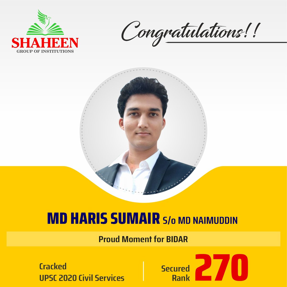 Shaheengrouporg's tweet photo. Congratulations 🏆
👉 Md Haris Sumair S/O Md Naimuddin Cracked UPSC 2020 🎯 Civil Services
Secured Rank of 270
#UPSC #ShaheenBidar #NammaBidar #BidarCity #RoyalCityBidar #IAS #Karnataka #Motivational #Bidar #MdHarisSumair https://t.co/8iVDvRYbru
