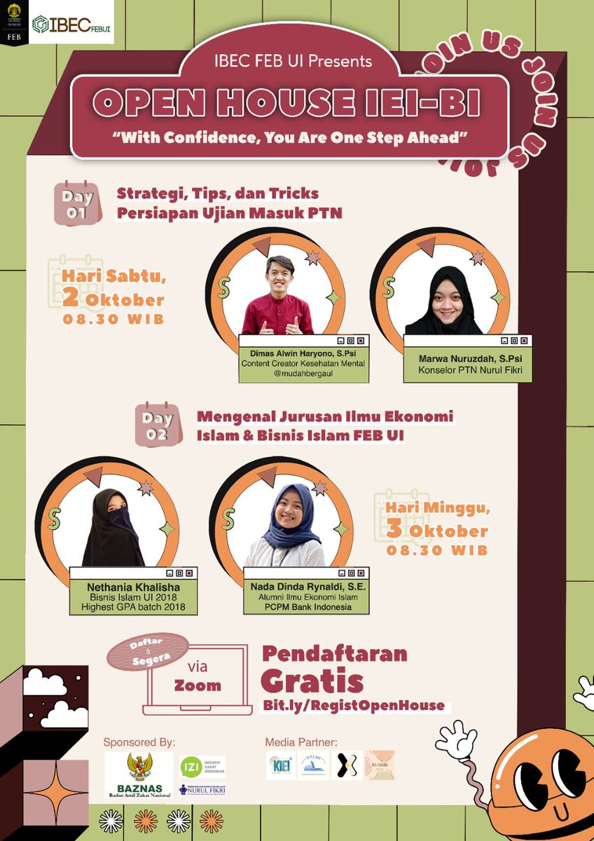 tkaekonomi's tweet image. [IBEC FEB UI : OPEN HOUSE IEI-BI]

• Day 1 : "Strategi, Tips, dan Tricks Persiapan Masuk Ujian PTN"
• Day 2 : "Mengenal Jurusan Ilmu Ekonomi Islam dan Bisnis Islam FEB UI"

📅 2-3 Okt 2021 : 08.30-11.00 WIB

❗FREE ENTRY❗
bit.ly/RegistOpenHouse 

Jangan lupa kepoin IG-nya yaa