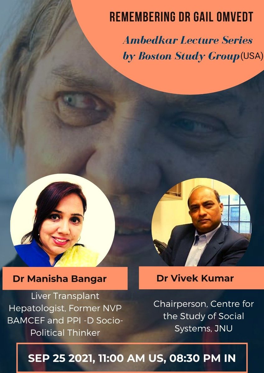 BangarManisha's tweet photo. Today evening. #GailOmvedt Memorial Lecture. Organized by Boston Study Group, USA.
Invited as Guest Speaker.
#AmbedkarLectureSeries
#BostonStudyGroup #USA
#JaiBhim #JaiBaliraja https://t.co/nrqPXpxMcj