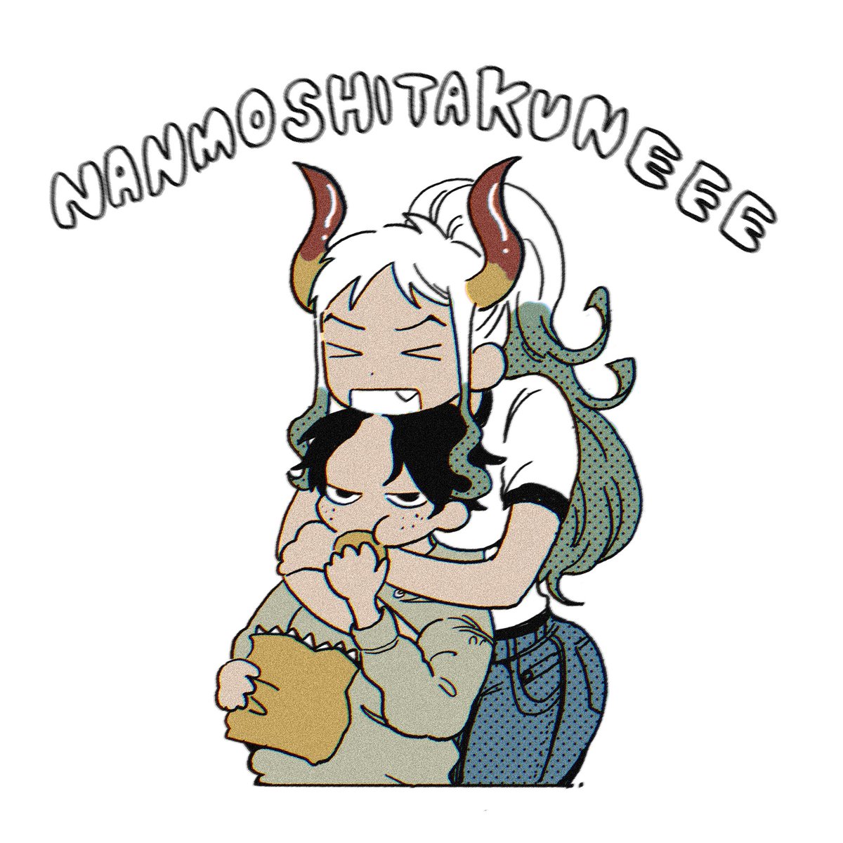 yamato (one piece) 1girl 1boy horns food height difference fang multicolored horns  illustration images