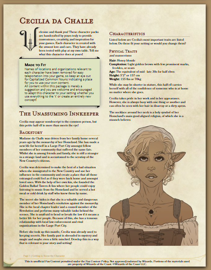 SwordcererArt's tweet image. My first FREE character pack will be releasing on Thursday, 9/30! It features Madame Cecilia da Challe, a classic innkeeper who is more than she appears! 

Free pack includes:
🍻Backstory, traits, &amp;amp; alignment
🍻Suggested stat blocks &amp;amp; classes
🍻HD art &amp;amp; a VTTRPG token
🍻And more!