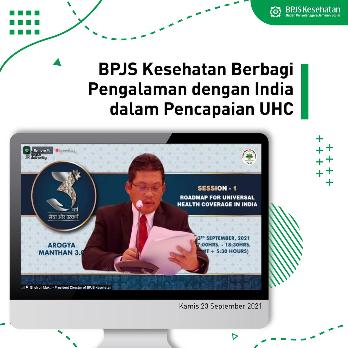 BPJSKesehatanRI's tweet photo. Direktur Utama BPJS Kesehatan, Ali Ghufron Mukti kembali mewakili Indonesia menjadi salah satu panelis dalam webinar The 3rd Edition of Arogya Manthan dalam sesi “Roadmap for Universal Health Coverage (UHC) in India” yang diselenggarakan oleh National Health Authority India. https://t.co/oeIQPAMS9h