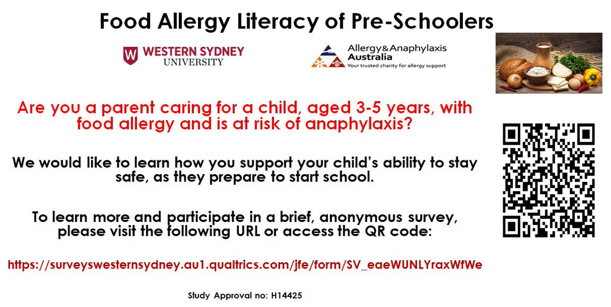 Professor Ann Dadich (@ann_dadich) on Twitter photo Are you a parent caring for a child, aged 3-5 years, with food allergy and is at risk of anaphylaxis?
We would like to learn how you support your child’s ability to stay safe, as they prepare to start school.
To learn more, please visit the following URL
surveyswesternsydney.au1.qualtrics.com/jfe/form/SV_ea… Are you a parent caring for a child, aged 3-5 years, with food allergy and is at risk of anaphylaxis?
We would like to learn how you support your child’s ability to stay safe, as they prepare to start school.
To learn more, please visit the following URL
surveyswesternsydney.au1.qualtrics.com/jfe/form/SV_ea…