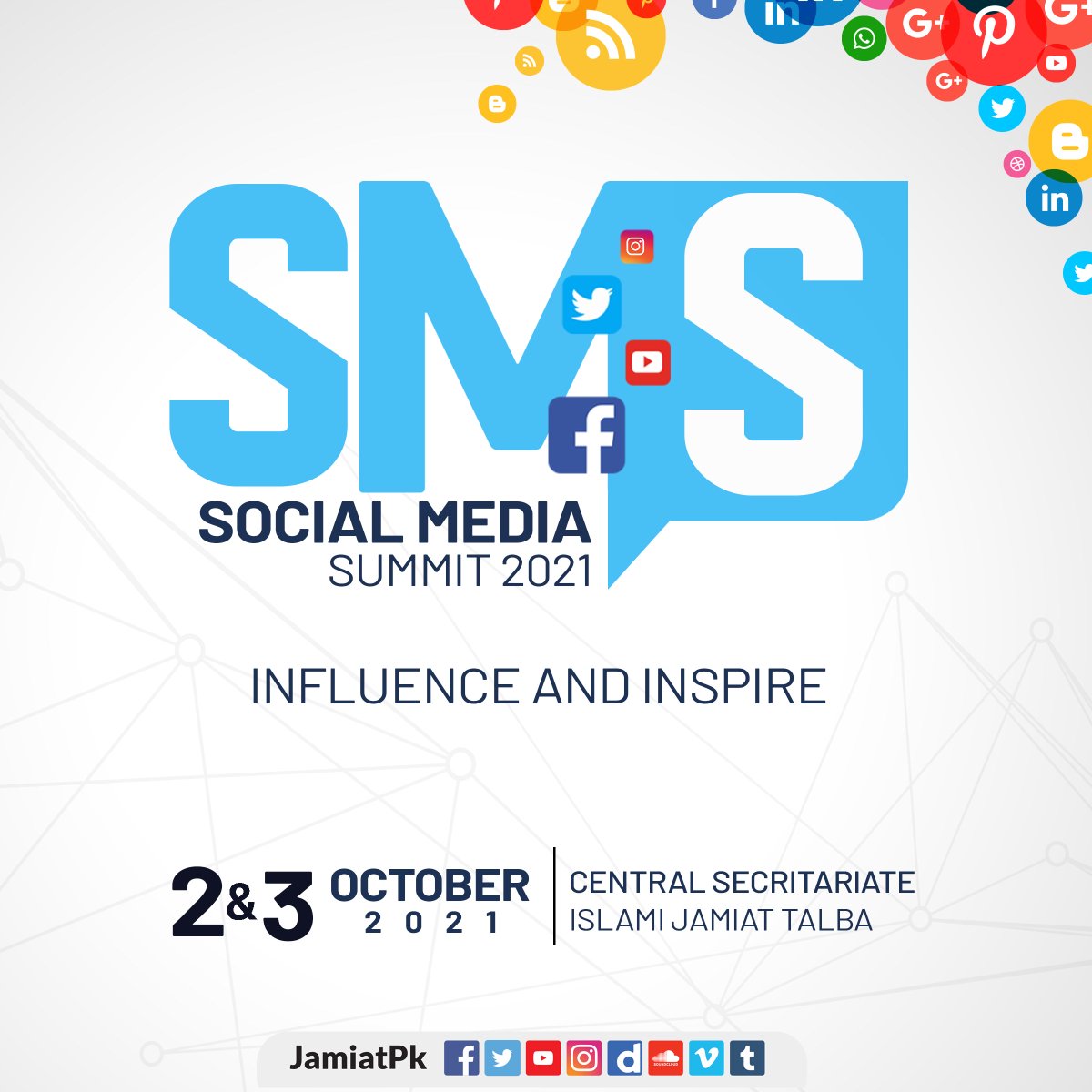 JamiatPK's tweet image. The wait is over. The most significant event for social media handlers of @JamiatPK, SMS, is all set to be unfolded. Renowned media icons will be there to train young minds. Will see you there on 2nd and 3rd October 2021.
#SocialMediaSummit #SMS2021 #IJT #JamiatPK