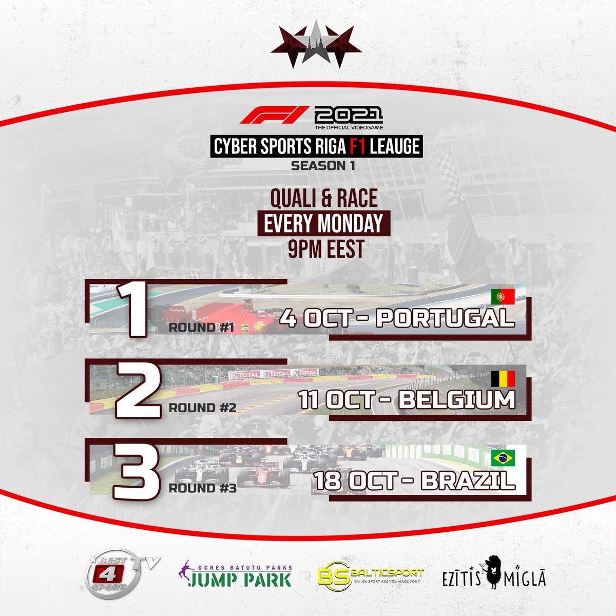 F1 is here!!! 
Cyber Sports Riga F1 League - Season 1. 
For more info and registration - cybersportsriga.com/blog/2021/09/2…