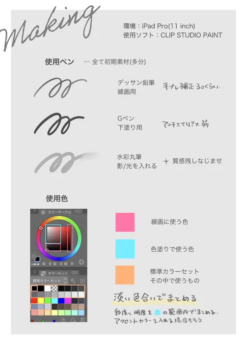 メイキングです。実際に使用している色はスポイトしていただけるとわかりやすいかと……
色は淡く!を意識しつつ、ふんわり色を乗せていく感じです。 