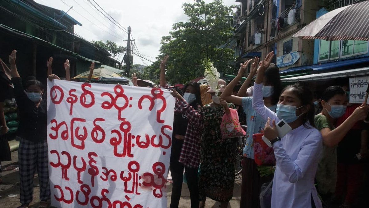 Women staged a flash mob protest against the military regime in Yangon on Saturday. 
(Photo: Women’s Alliance) #WhatsHappeningInMyanmar