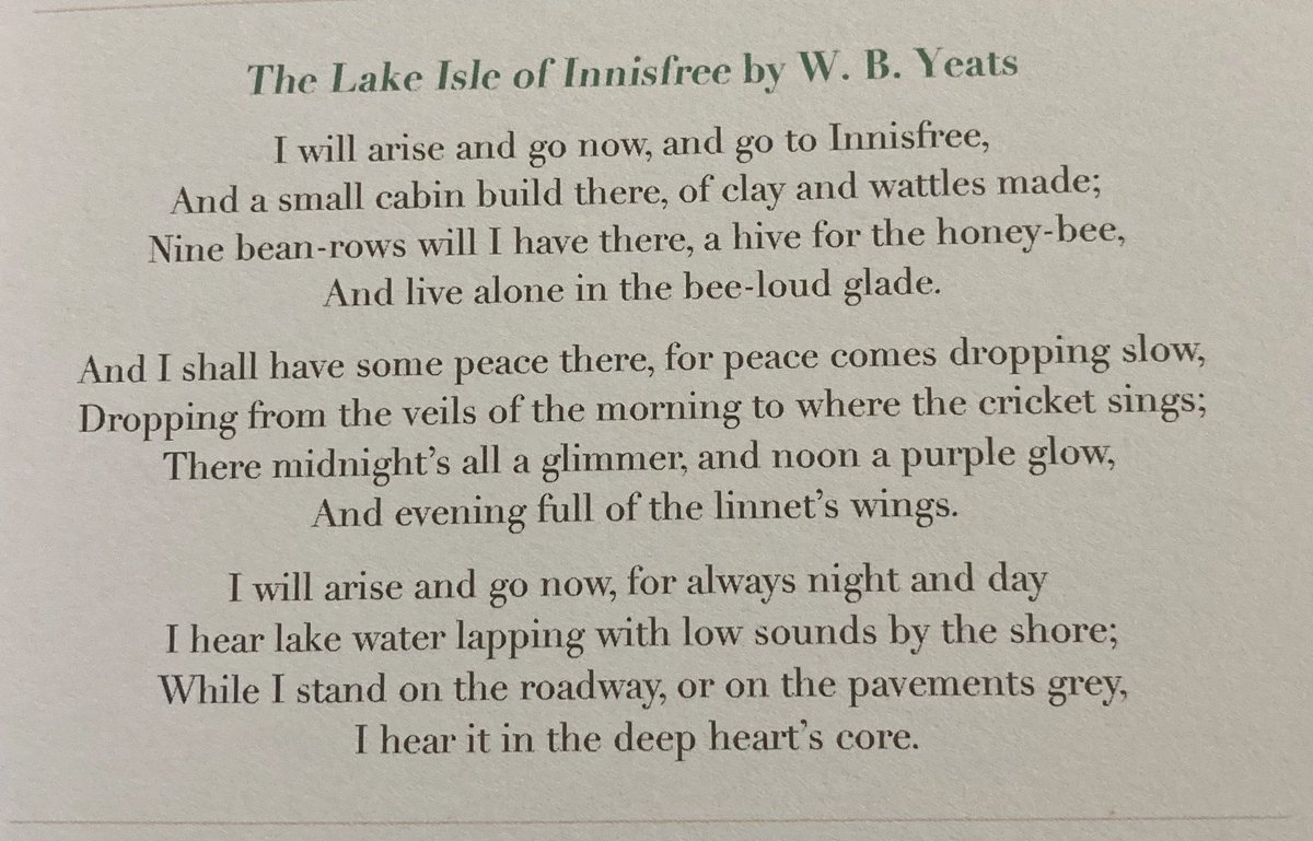 The poem I will be reading at my mum’s funeral on Monday. 

She was from Ballintogher in Sligo; and kept a picture of the Lake Isle on her bedroom wall. 

It sounds all right in rehearsal. God knows how it’ll sound on the day...