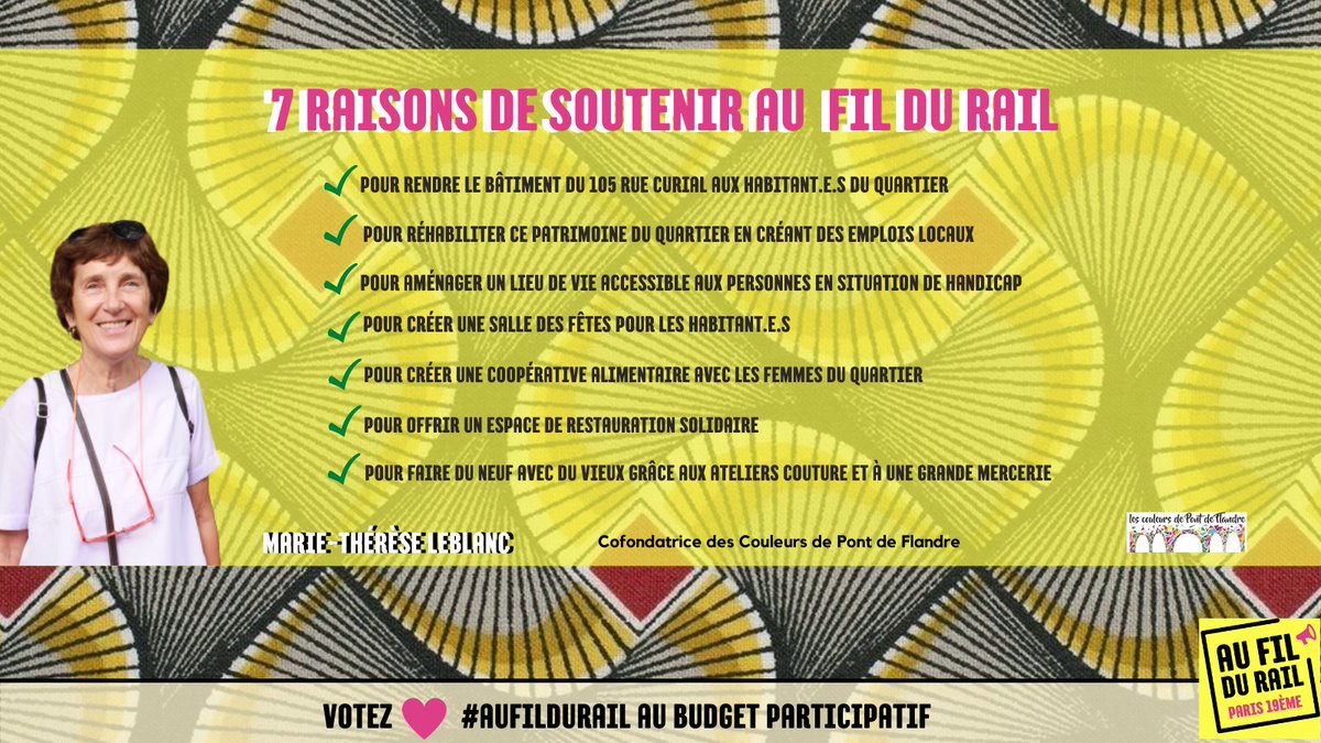 Plus que 3 jours pour voter au #BudgetParticipatif #AuFilDuRail est le projet n°5️⃣de #Paris19 
Aujourd'hui,Marie-Thérèse cofondatrice de l'association de quartier #CouleursdePontdeFlandre partage ses 7 raisons coup de❤de soutenir <a href="/aufildurail19/">Au Fil Du Rail</a>✅Pour voter : bit.lyvoteBudgetPart