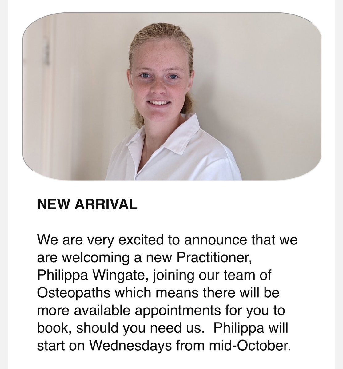 whitepractice's tweet photo. 👋 Welcome to Philippa who will be joining our team of Osteopaths from mid October.
Book online via our website https://t.co/mhXEZu5wVH
#nailsworthosteopaths #OsteopathicClinic https://t.co/NpEcrff5VJ