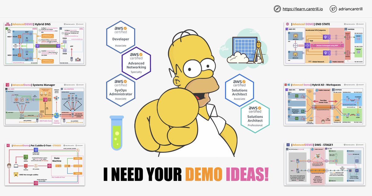 I need your help with new demo ideas for my learn.cantrill.io #AWS courses and free repo github.com/acantril/learn… and so I thought I'd ask my awesome network for help. Have a think and pop any amazing ideas in reply :)  - Please retweet as well for reach :)