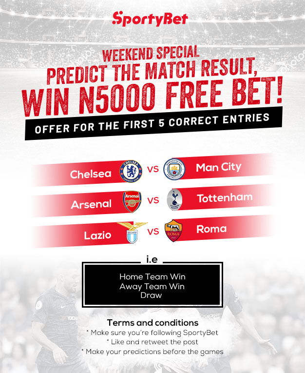 SportyBet's tweet photo. Weekend Special!

Predict the result of each of these 3️⃣ games i.e 👇

Home Team Win
Away Team Win
Draw

The first 5 people with the correct predictions win #5000 Free Bets

T&amp;Cs apply: Only opened to registered SportyBet users in Nigeria
#CHEMCI #PremierLeague #ARSTOT https://t.co/ryR1W19q0V