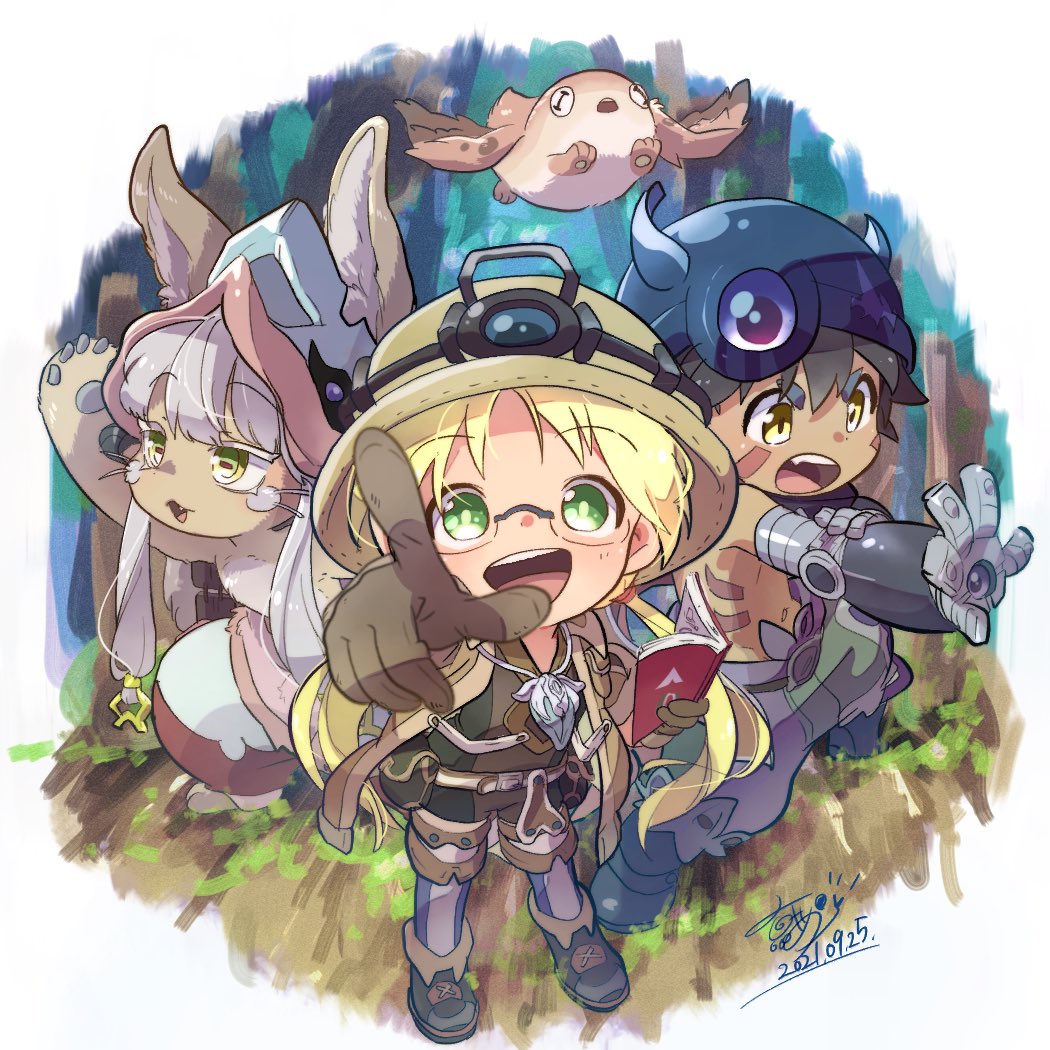 nanachi (made in abyss) glasses helmet 1girl blonde hair 1other pointing brown gloves  illustration images