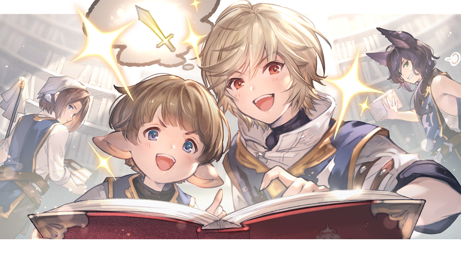 グランブルーファンタジー グランブルーファンタジー フェードラッヘ城内の書庫を掃除していた見習い騎士達 途中見つけたとある本に アーサーとトネリロは夢中になる 本の名前は 聖剣物語 それは 英雄が聖剣を引き抜きフェードラッヘを平和に導く