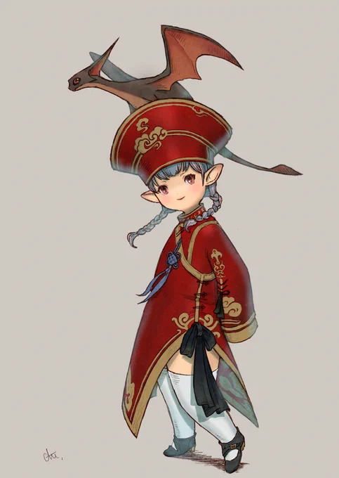 FCメンバーイラスト!頭の上のミドガルズオルムが
#FF14 #FF14イラスト  #ララフェル #rarafel 