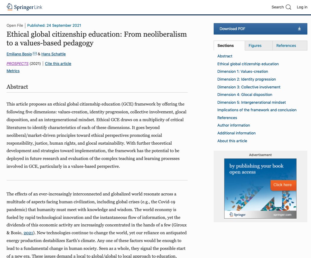 globalbosio's tweet photo. 👉My new article with Hans Schattle ‘Ethical Global Citizenship Education: From neoliberalism to a values-based pedagogy’ just published in @UNESCO @IBE_Prospects @SpringerNature We discuss ethical values, identity progression, glo/cal disposition Link: https://t.co/cuX328fFcX https://t.co/RHvspfo4MT