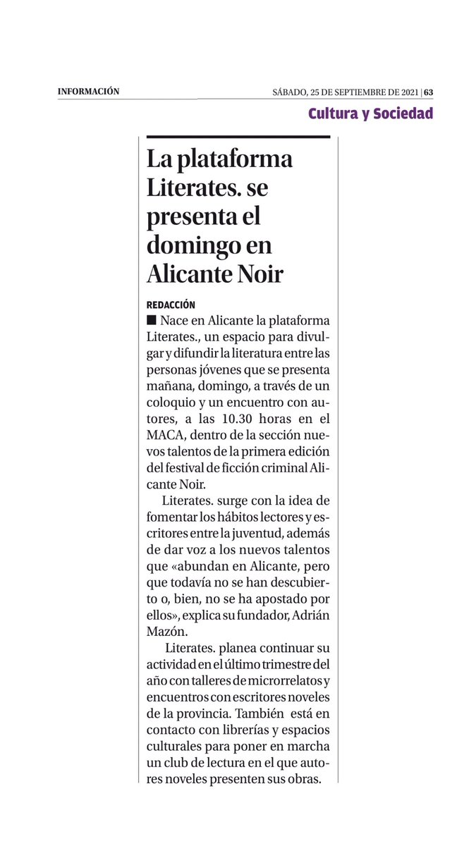 LiteratesALC's tweet photo. 📰 Amanecemos en @informacion_es, donde se hacen eco de la presentación de #Literates.✍️ mañana en el marco de @AlicanteNoir. 🤩
📚 Durante el encuentro tendremos la suerte de estar acompañadas por la profesora y escritora de microrrelatos Raquel González. 💬 https://t.co/ozhhOygHam