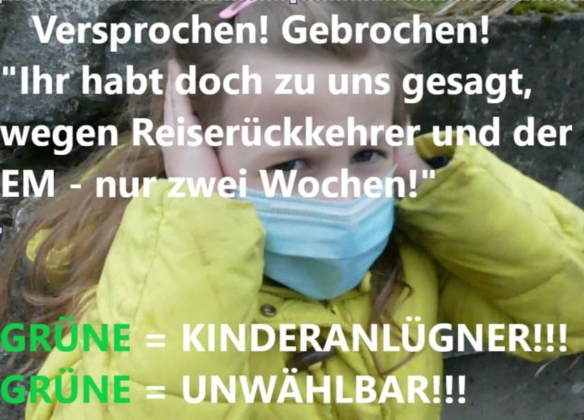 @Die_Gruenen @ABaerbock Andere Krisen werden von den Grünen selbst geschaffen.
Wer Grün wählt, wählt die #Kindermaske auf unbestimmte Zeit!
So wie es hier in BW von unserer grünen Kultusministerin, entgegen aller Beteuerungen, durchgesetzt wurde.
'2 Wochen' hieß es.
#versprochengebrochen