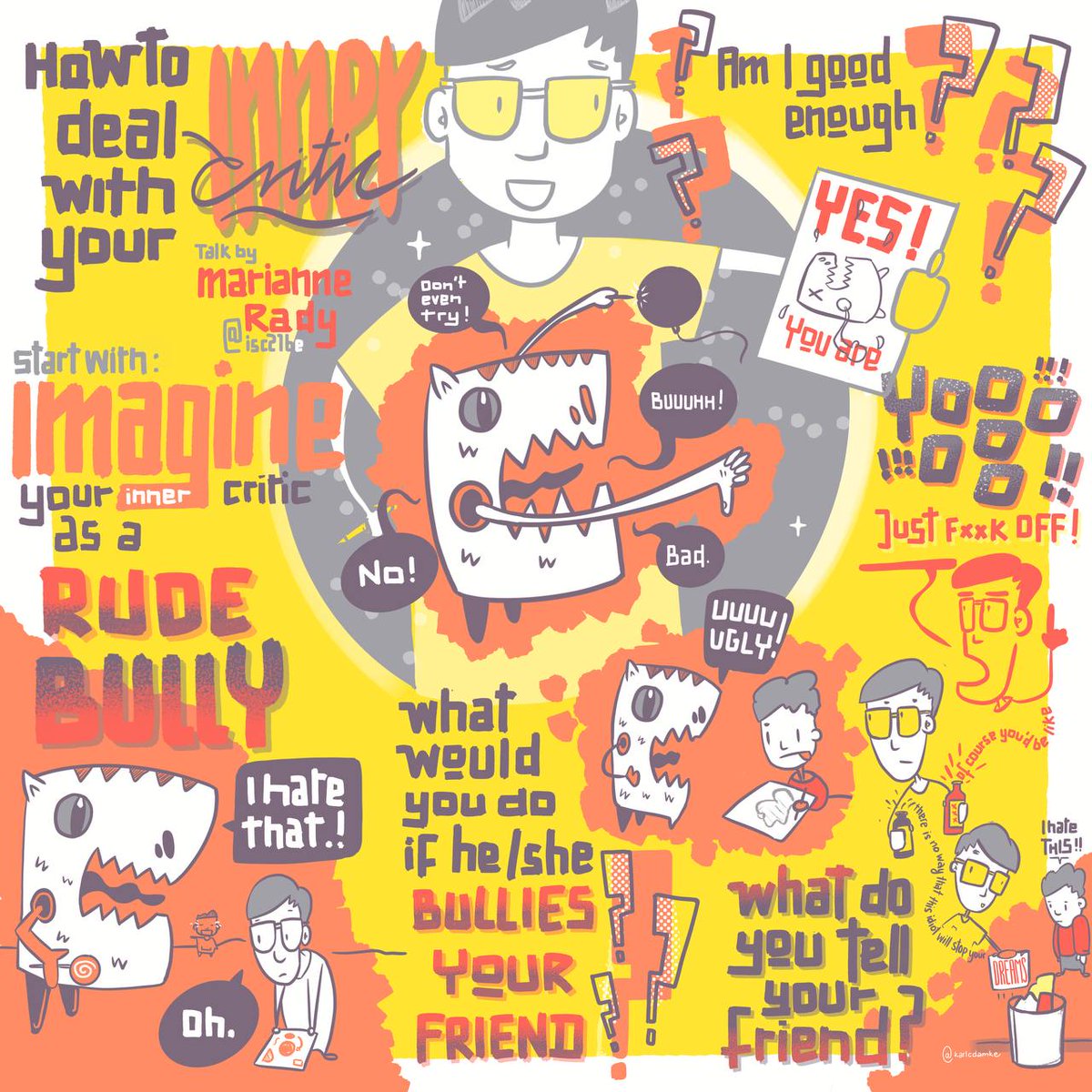 karlcdamke's tweet photo. One of my favorite #isc21be moments: @MarianneRady defeating her Inner Critic! I put this poster on my shop over @Gumroad for you to download in Hi-Res. @Sketchnote_Camp https://t.co/tdq00XQiFy https://t.co/bi4KV9jn0L