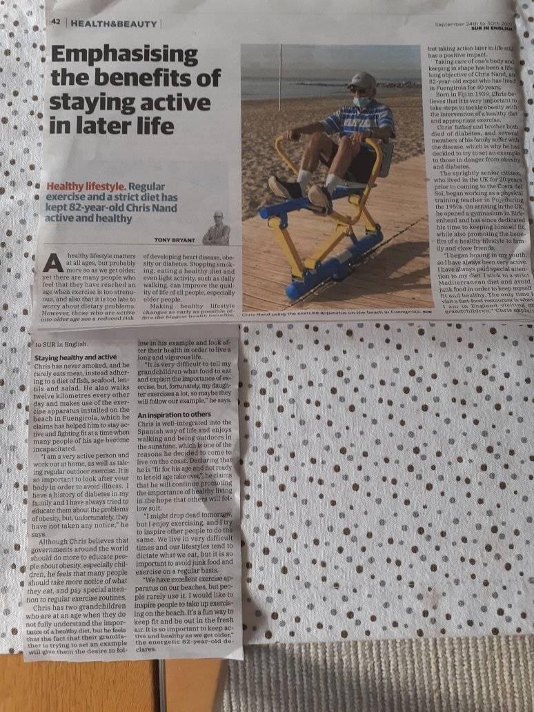 My dad, who’s 82 and walks 12-15km every day, was featured in our local paper in Spain. Go Dad! I took this picture on his regular stop for a machine work out and he also does weights at home ⁦<a href="/SUR_English/">SUR in English</a>⁩