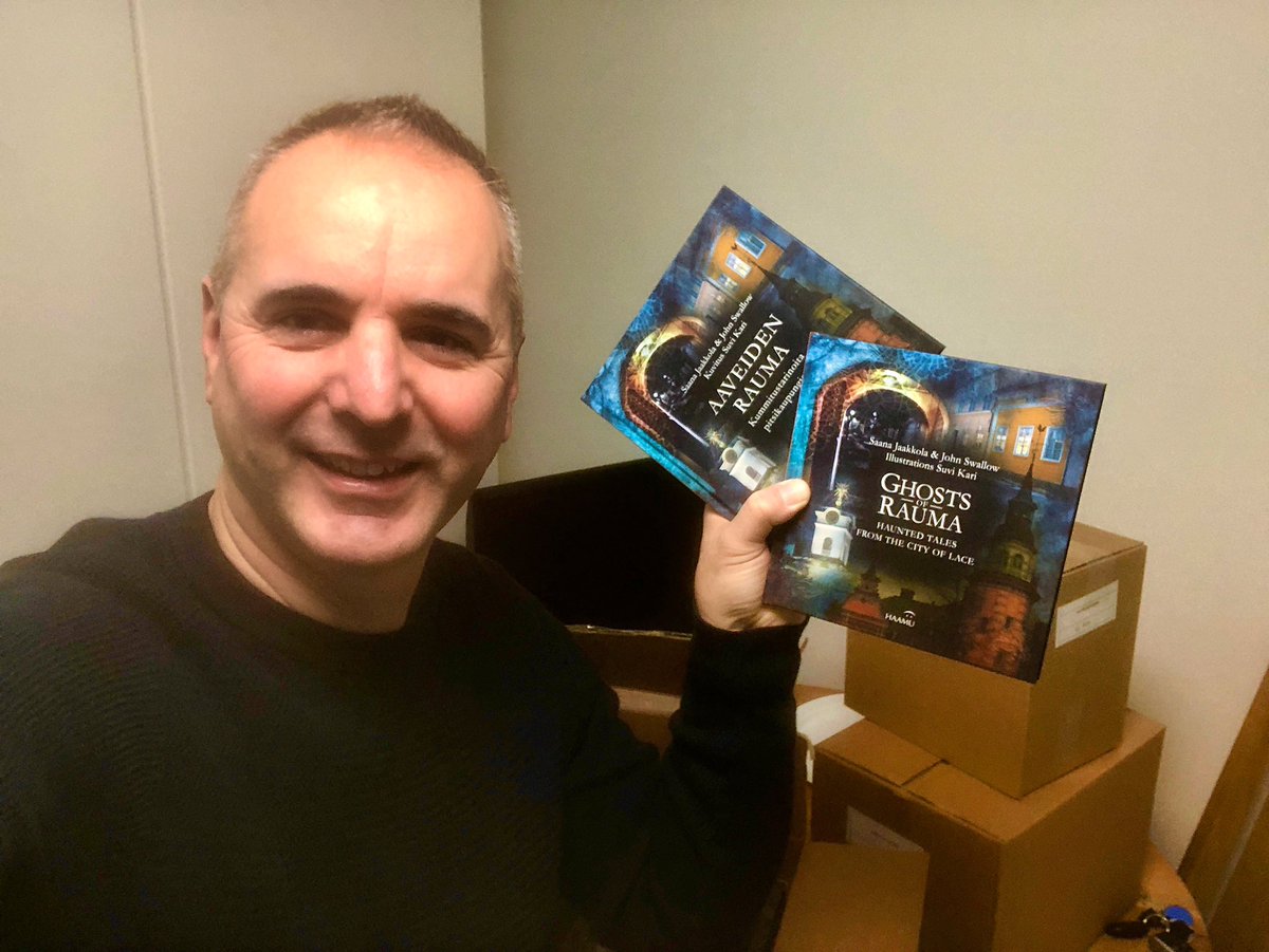 JohnSwallow66's tweet photo. Saana Jaakkola &amp; I were surprised that some books arrived spookily early 👻, so I’m dropping some off to our favourite bookstore this morning: Vanhan Rauman Kirjakauppa

#ghostsofrauma #aaveidenrauma
#vanharauma #rauma https://t.co/5Sif3ewFnu
