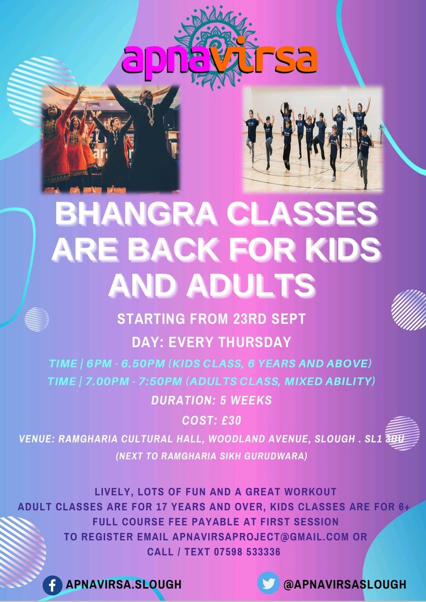 Still a few spots left for #slough bhangra classes on Thursdays. So if you didn't come last week, you can register here for this week, eventbrite.co.uk/e/bhangra-clas… (adults), eventbrite.co.uk/e/bhangra-clas… (kids' class). If you registered in Week 1, no need to register again.