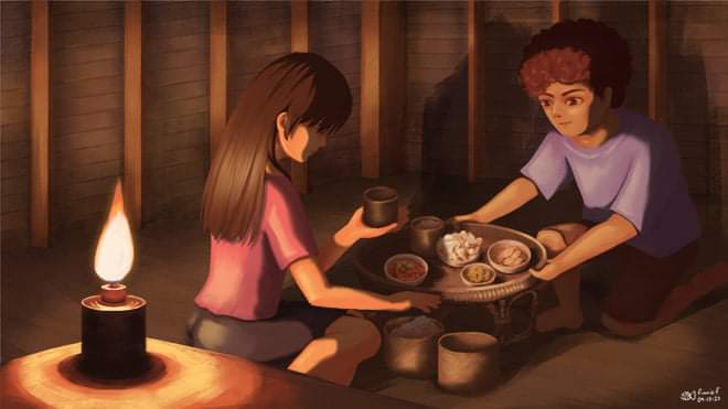 FinnieTheFish's tweet photo. My art commission of a couple eating in lantern light. https://t.co/tKiBbckqsc