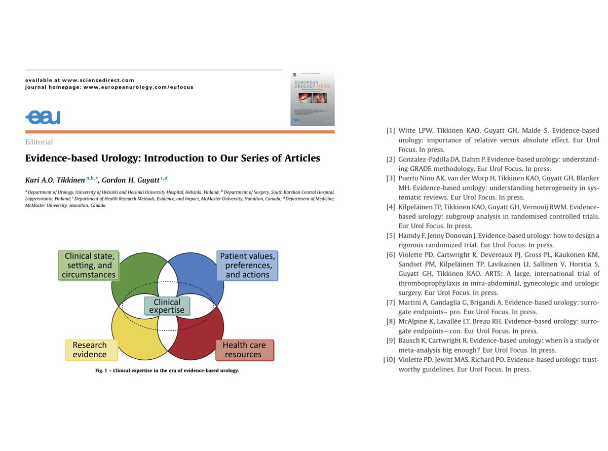 Kari Tikkinen (@karitikkinen) on Twitter photo 10 articles & editorial on evidence-based urology
Editorial
sciencedirect.com/science/articl…
Articles
1️⃣ abs vs relative #effect
2️⃣ #GRADE 
3️⃣ #heterogeneity
4️⃣ #subgroup analysis
5️⃣ #RCT  
6️⃣ #ARTStrial
7️⃣-8️⃣ #surrogates 
9️⃣ #imprecison 
🔟 #guidelines 
#EBM Twitorial to come! 1/15 10 articles & editorial on evidence-based urology
Editorial
sciencedirect.com/science/articl…
Articles
1️⃣ abs vs relative #effect
2️⃣ #GRADE 
3️⃣ #heterogeneity
4️⃣ #subgroup analysis
5️⃣ #RCT  
6️⃣ #ARTStrial
7️⃣-8️⃣ #surrogates 
9️⃣ #imprecison 
🔟 #guidelines 
#EBM Twitorial to come! 1/15