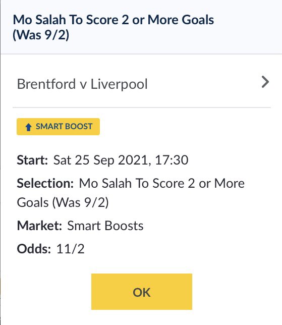 #SmartBoost  

⚽️ Brentford v Liverpool ⚽️

Mo Salah To Score 2 Or More Goals (Was 9/2)

💵 £5 Pays £32.50

💰 Get £20 Free Bets For Joining

👉🏼 Join Here bit.ly/3xFKUnf

🔞|begambleaware #Ad