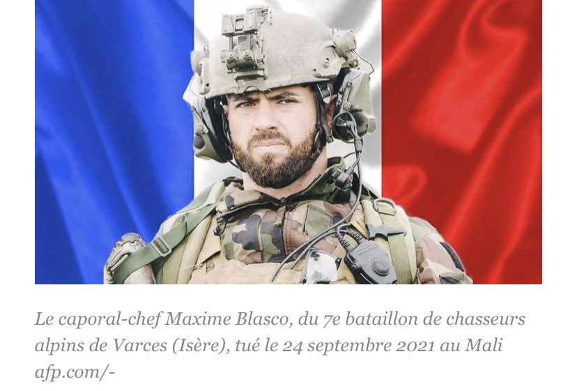 philippefolliot's tweet photo. Vive émotion à l’annonce de la mort d’un soldat français. Le caporal-chef Maxime Blasco est mort lors d'une opération contre un groupe armé terroriste. Il est le 52e soldat français tué au combat au Sahel depuis 2013
Sincères condoléances à sa famille et ses camarades du #7BCA https://t.co/kQQwnA7uNq