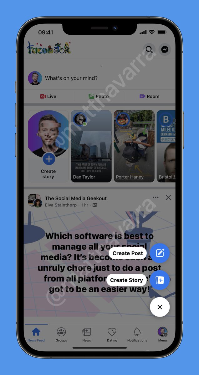 MattNavarra's tweet photo. Facebook is testing a new ➕ button to create a post or story https://t.co/OM6cJedvKP