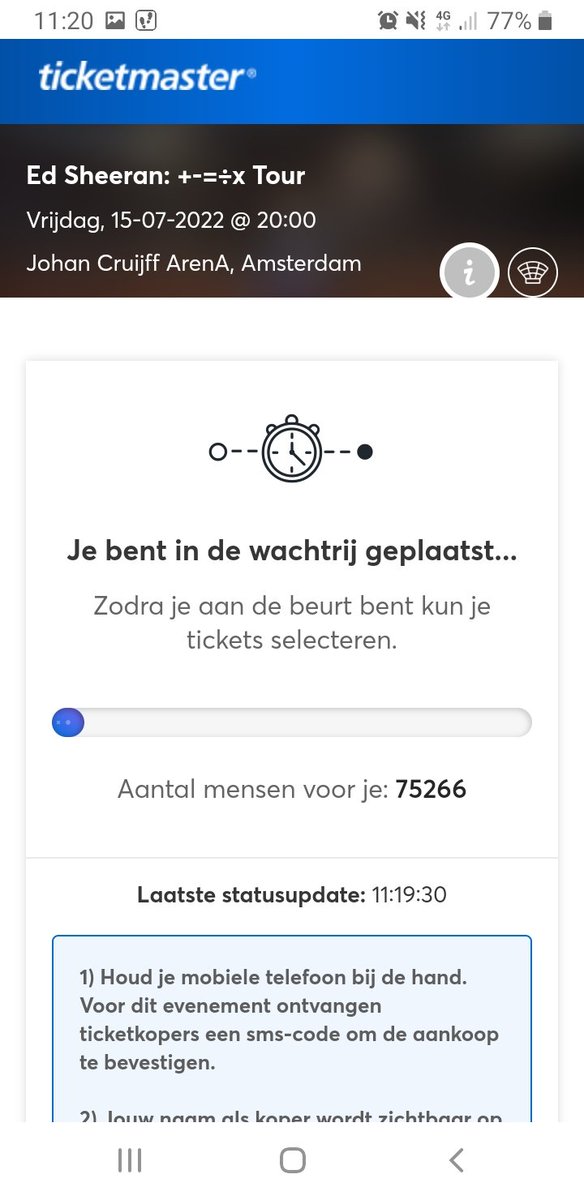 srennen84's tweet photo. @Ticketmaster_NL Niet doorheen te komen, wachtrij staat al minuten lang stil.....niet te doen dit..... https://t.co/xfCXooxlOK