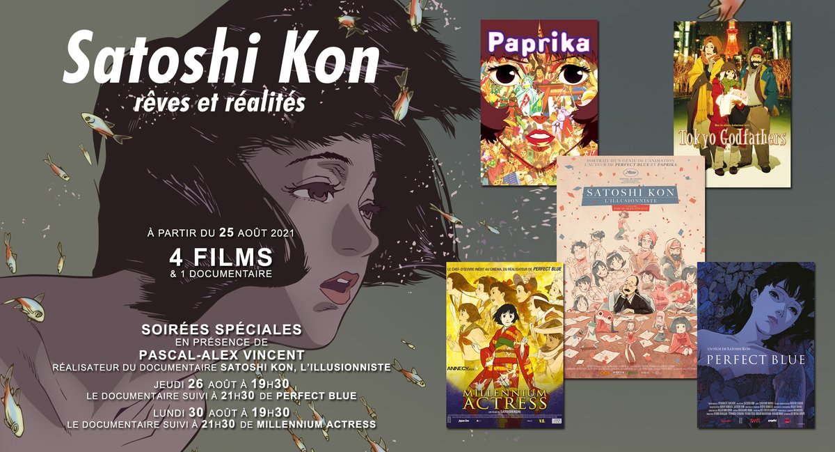CinemaLeBrady's tweet image. Ce samedi, le Marathon #SatoshiKon qui ne dit pas son nom :
11h15 ► Tokyo Godfather
13h00 ► Millenium Actress
14h30 ► Paprika
16h00 ► Perfect Blue
Tarif réduit - 26 ans : 6.50€
Tarif réduit - 15 ans : 5€
@pass_Culture : 5.50€