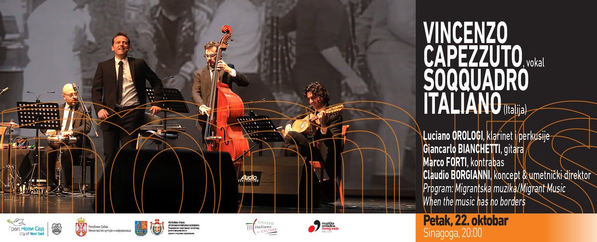 41. NOMUS
Petak, 22. oktobar
Sinagoga, 20:00

VINCENZO CAPPEZUTO, vokal
&amp; SOQQUADRO ITALIANO (Italija)
Luciano OROLOGI, klarinet i perkusije
Giancarlo BIANCHETTI, gitara
Marco FORTI, kontrabas
Claudio BORGIANNI, koncept &amp; umetnički direktor