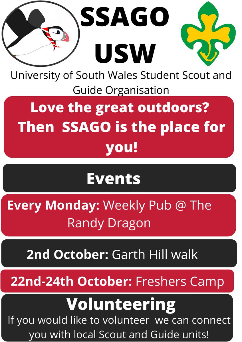 Looking for something new? Why not join SSAGO USW?

To find out more come along to our welcome meeting Monday 27th at 6pm at The Randy Dragon.

If you have any questions feel free to message us, email ssagousw@gmail.com or go to southwales.ssago.org.

<a href="/USWSU/">USW Students' Union</a> <a href="/UniSouthWales/">University of South Wales</a>